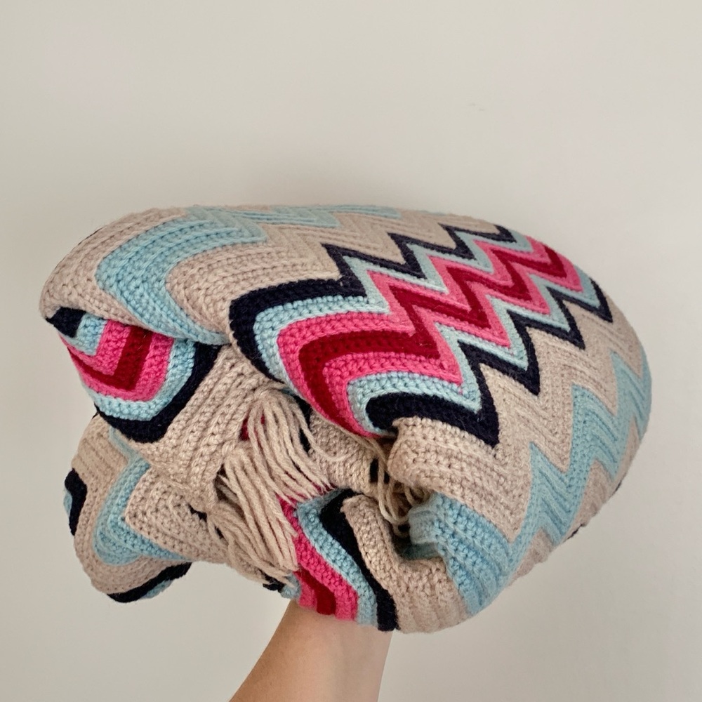 51”x 68” Handmade Knit Vintage Chevron Afghan Blanket Throw Beige, Blue, Magenta